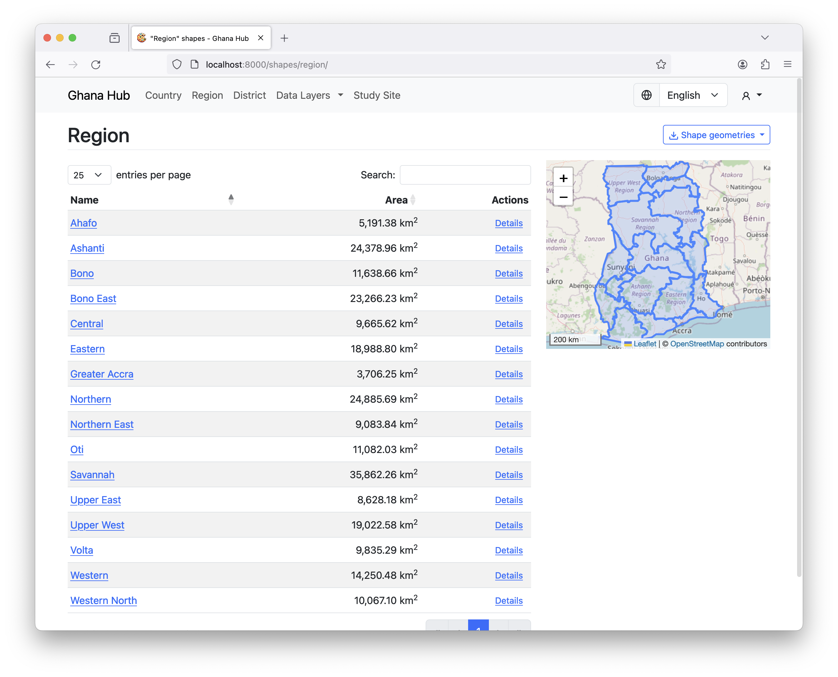 Table and interactive map of shapes